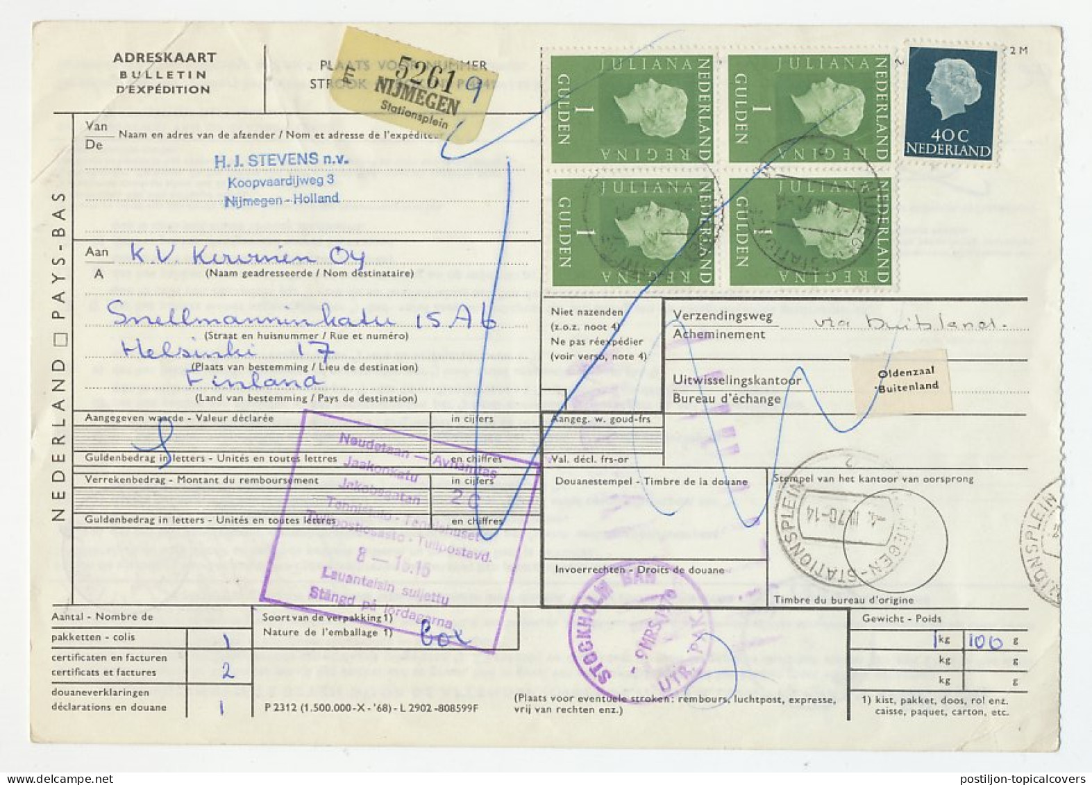 Em. Juliana Pakketkaart Nijmegen - Finland 1970 - Non Classés