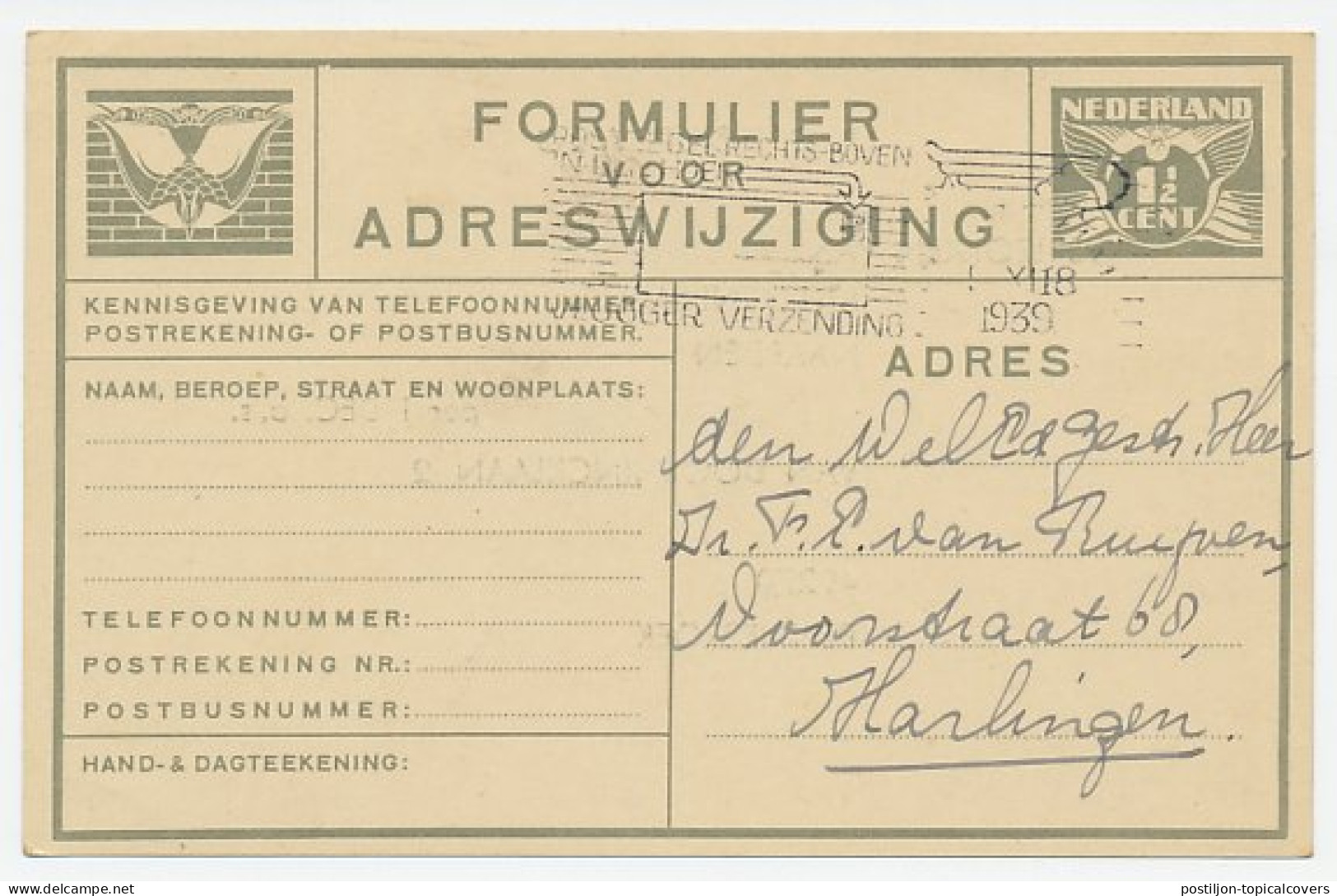 Verhuiskaart G. 13 Particulier Bedrukt Naarden 1939 - Postal Stationery