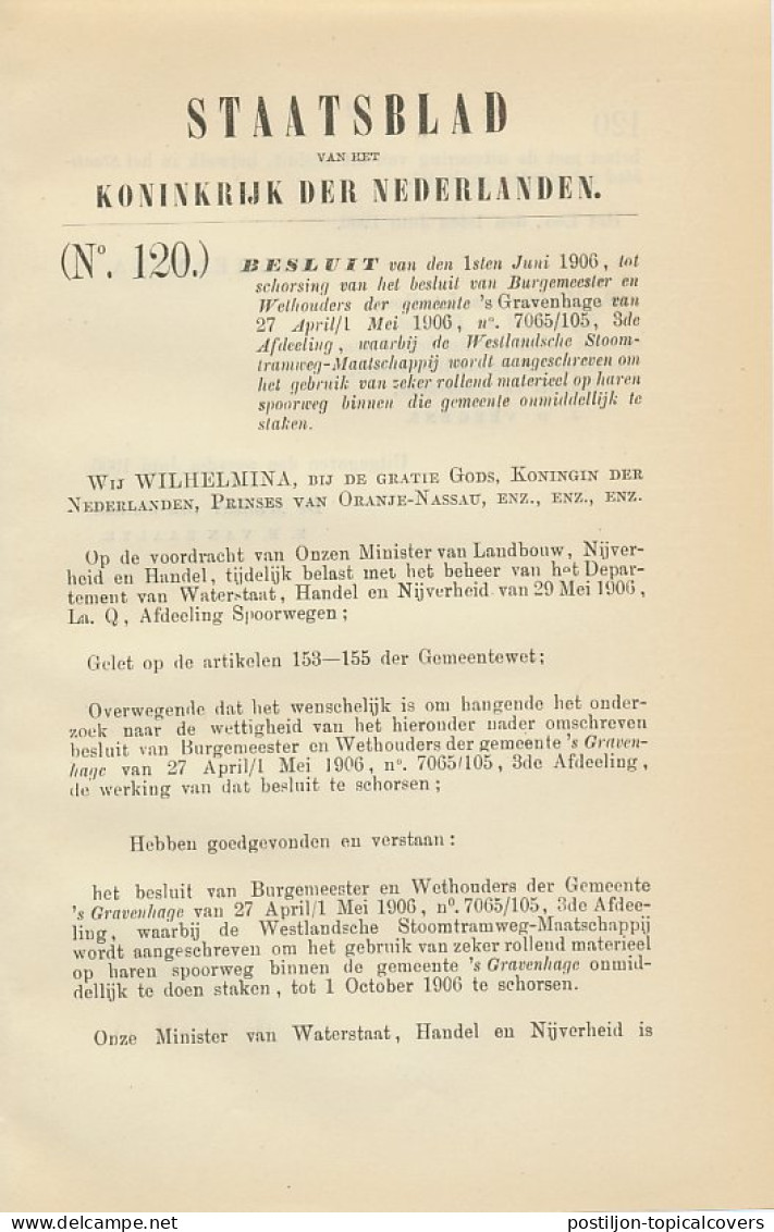 Staatsblad 1906 : Westlandsche Stoomtramweg Maatschappij - Documents Historiques