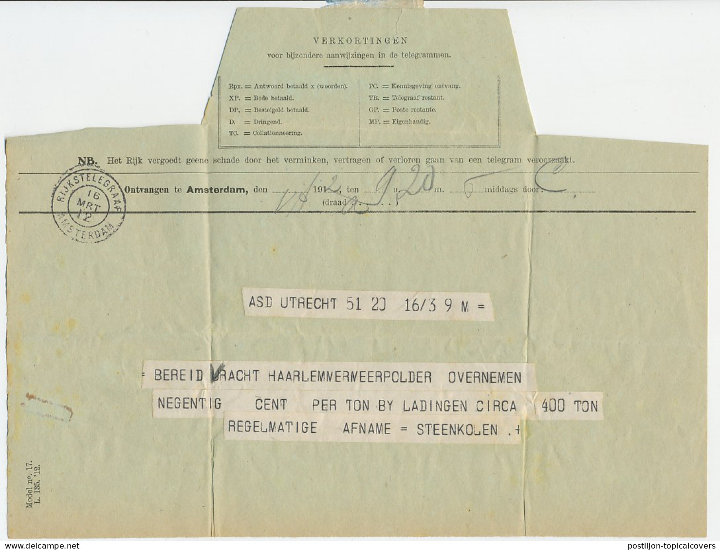 Telegram Utrecht - Amsterdam 1912 - Stempel Rijkstelegraaf - Unclassified