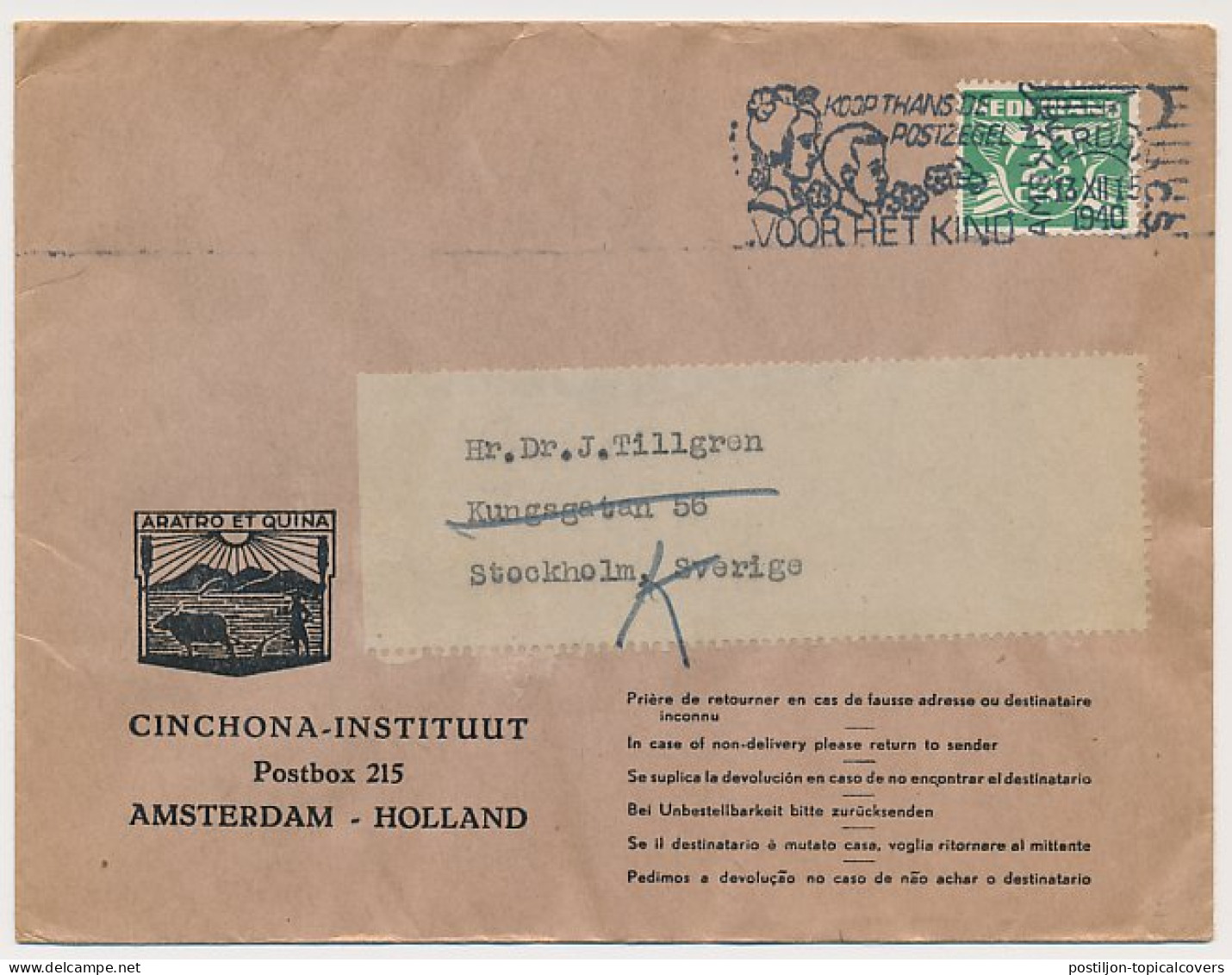 Envelop Amsterdam 1940 - Cinchona Instituut - Kina - Quina - Non Classés