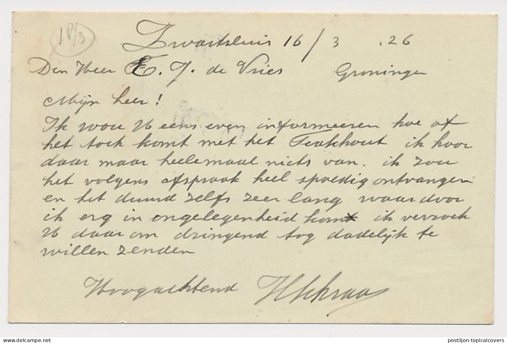 Firma Briefkaart Zwartsluis 1926 - Scheepsbetimmering - Masten - Non Classés