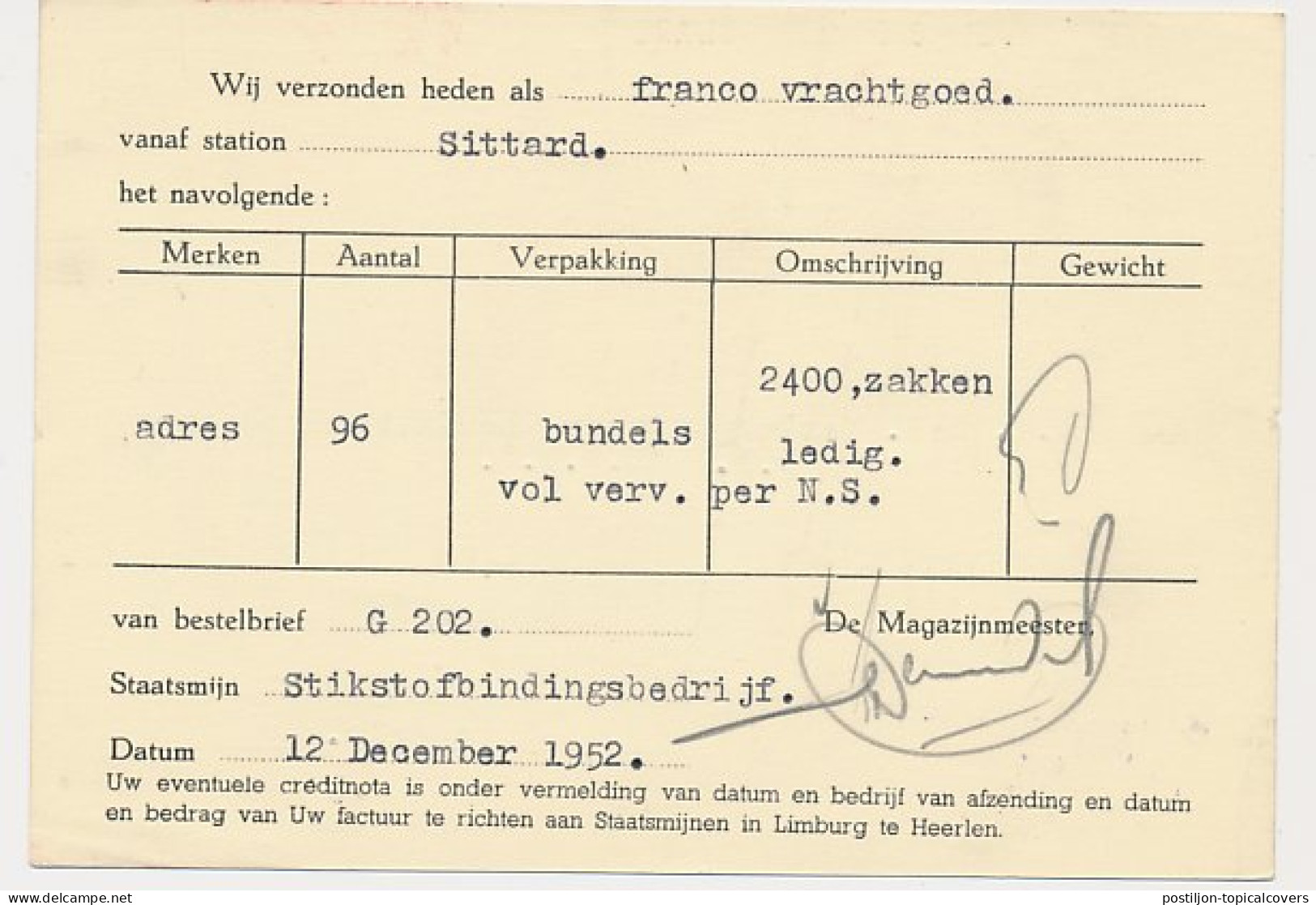 Firma Briefkaart Geleen 1952 - Staatsmijn Lutterade - Non Classés