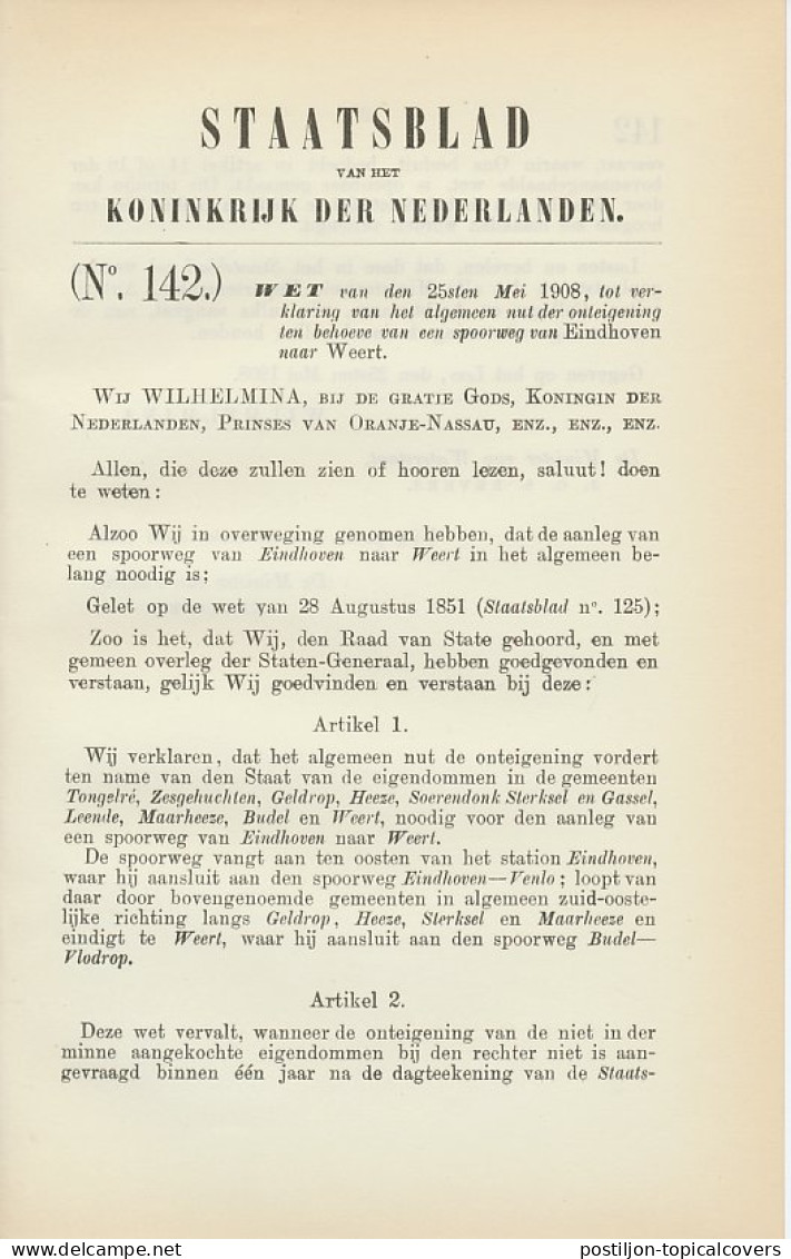 Staatsblad 1908 : Spoorlijn Eindhoven - Weert - Historical Documents