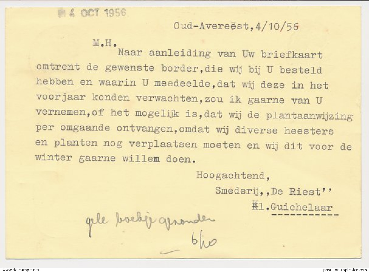 Firma Briefkaart Oud Avereest 1956 - Smederij - Smid - Non Classés
