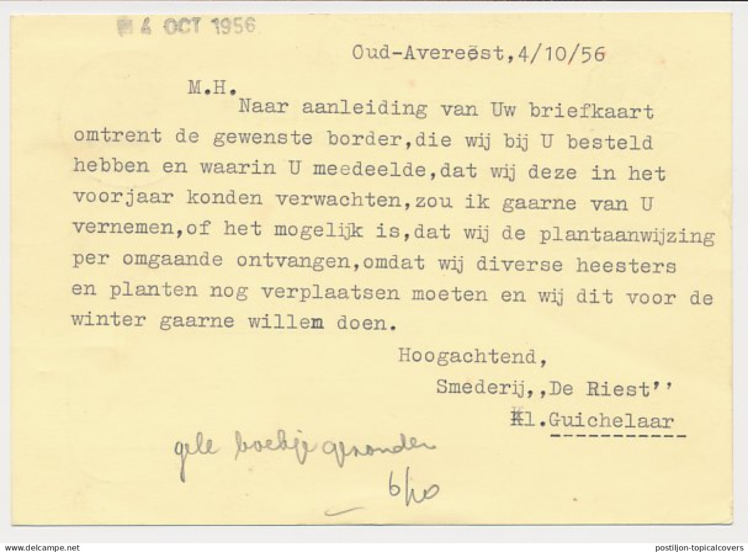 Firma Briefkaart Oud Avereest 1956 - Smederij - Smid - Zonder Classificatie