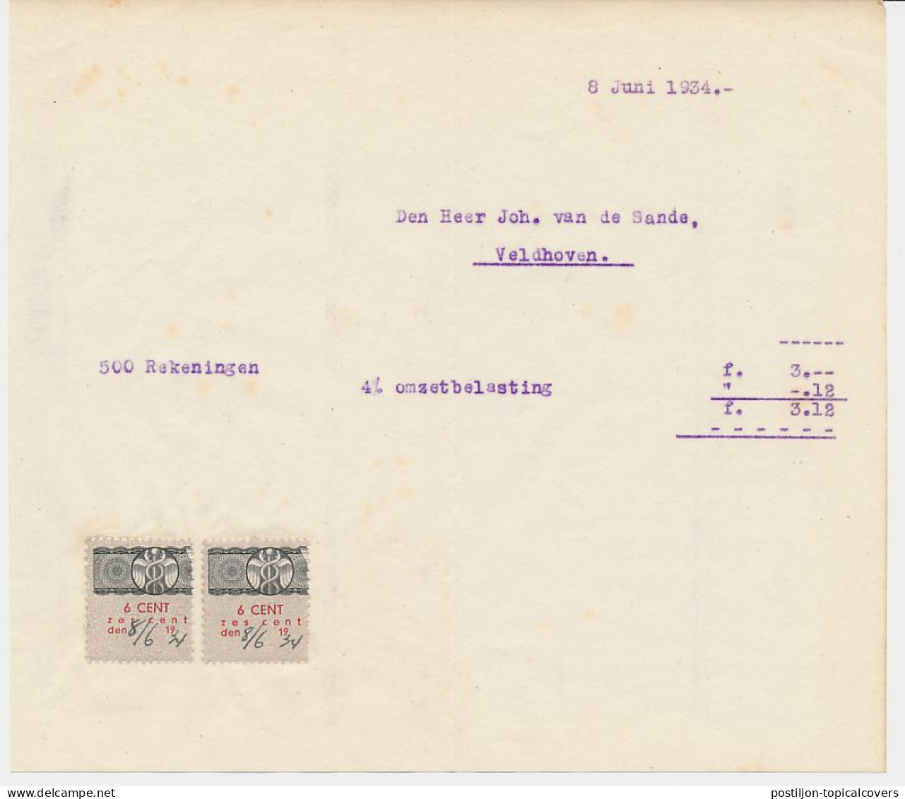 Omzetbelasting 6 CENT - Veldhoven 1934 - Fiscali