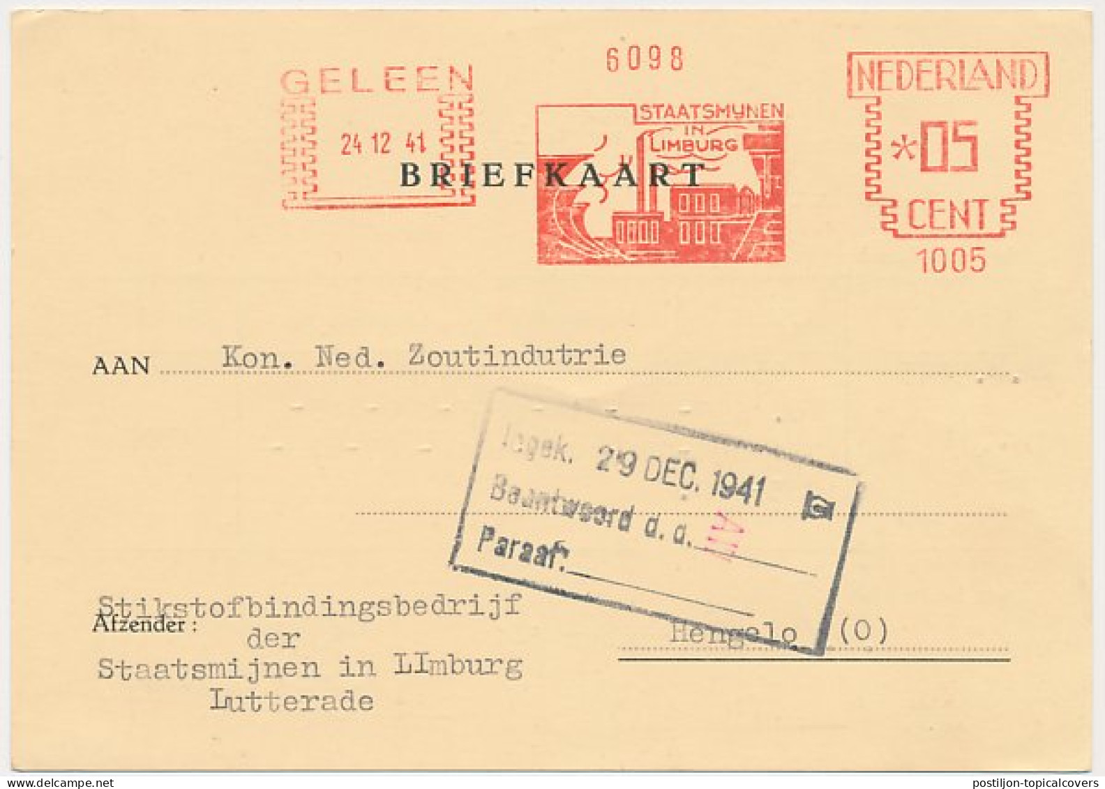 Firma Briefkaart Geleen 1941 - Staatsmijn Lutterade - Zonder Classificatie