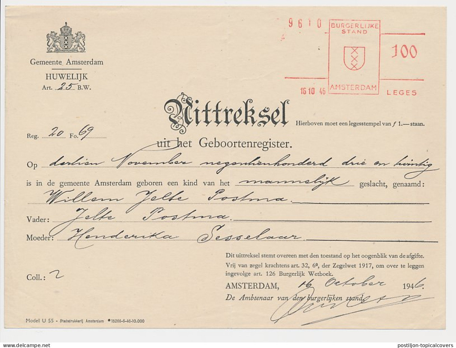 Gemeente Leges Machinestempel 100 Amsterdam 1946 - Fiscali