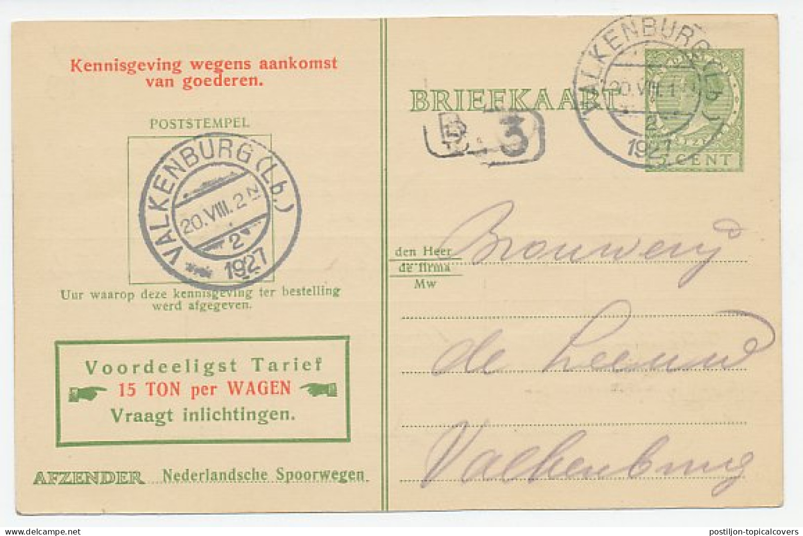 Spoorwegbriefkaart G. NS216 C Valkenburg 1927 - Entiers Postaux