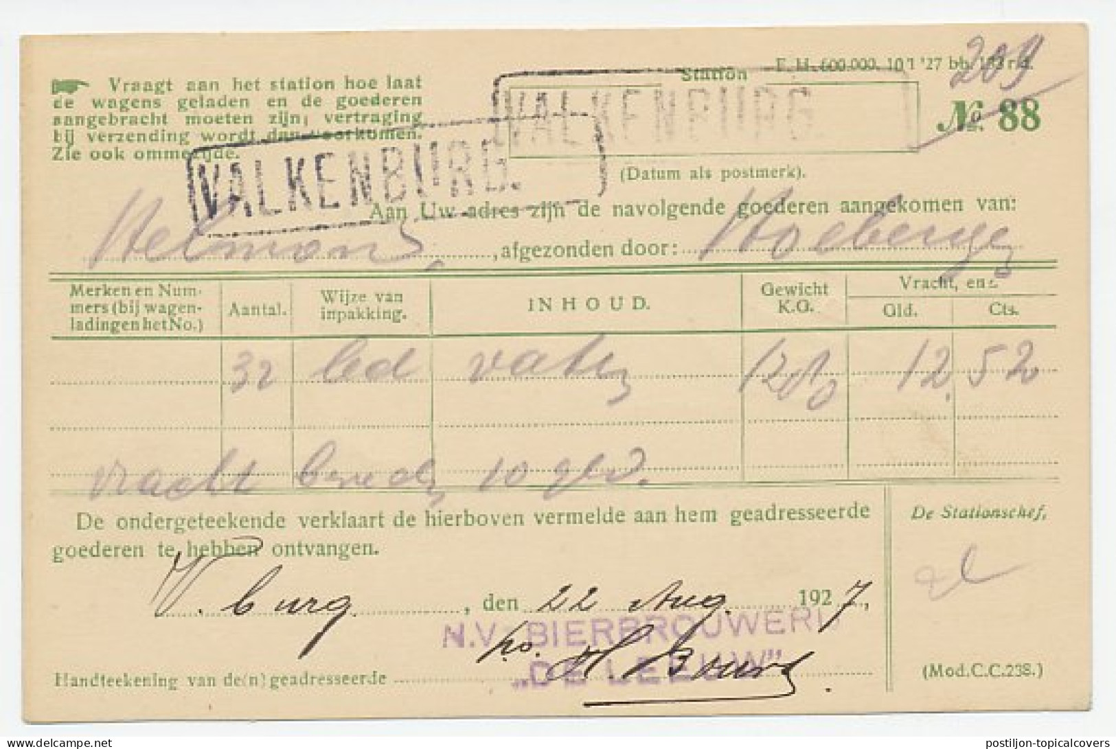 Spoorwegbriefkaart G. NS216 C Valkenburg 1927 - Entiers Postaux