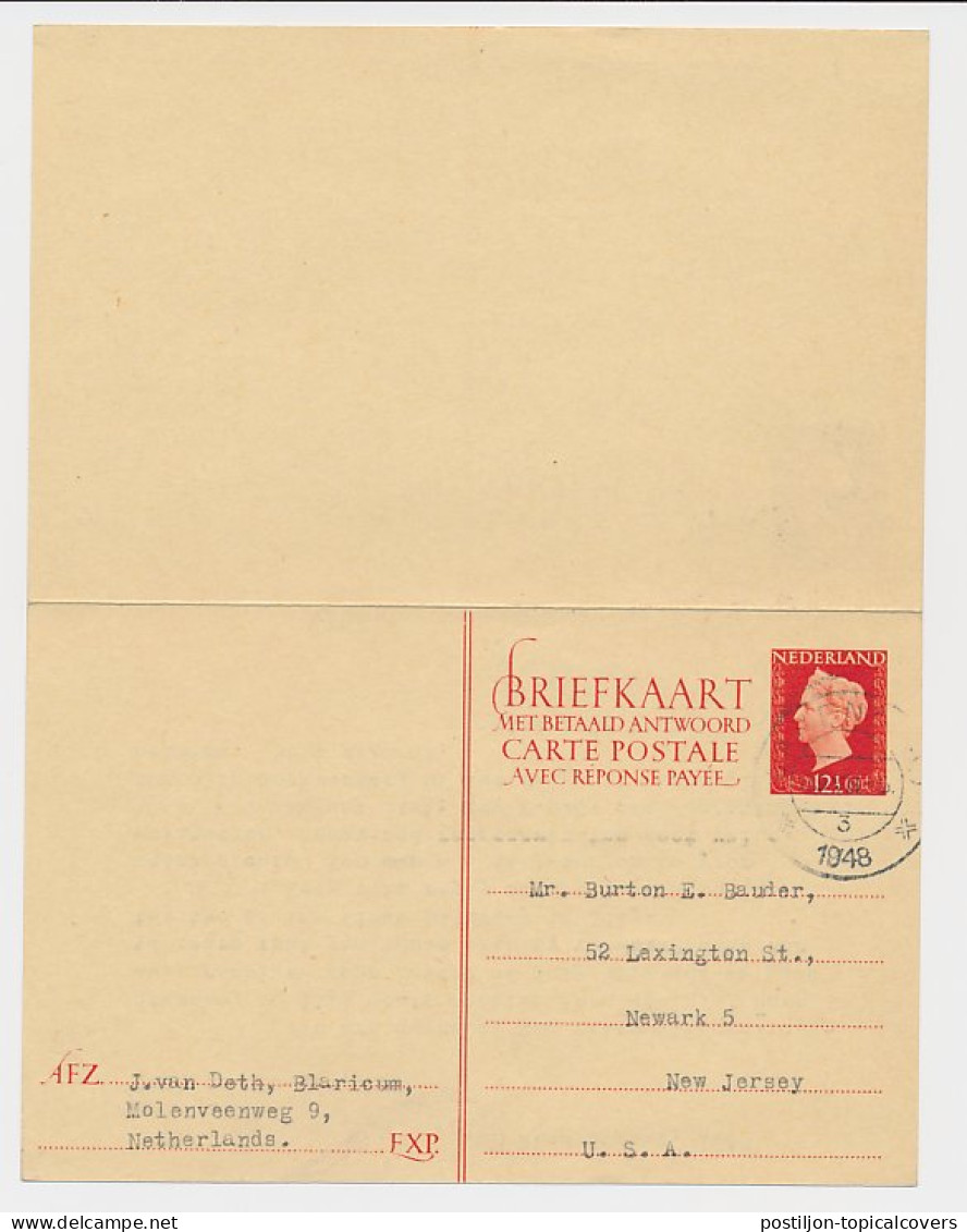 Briefkaart G. 296 B ( Blaricum ) Laren - New Jersey USA 1948 - Postal Stationery
