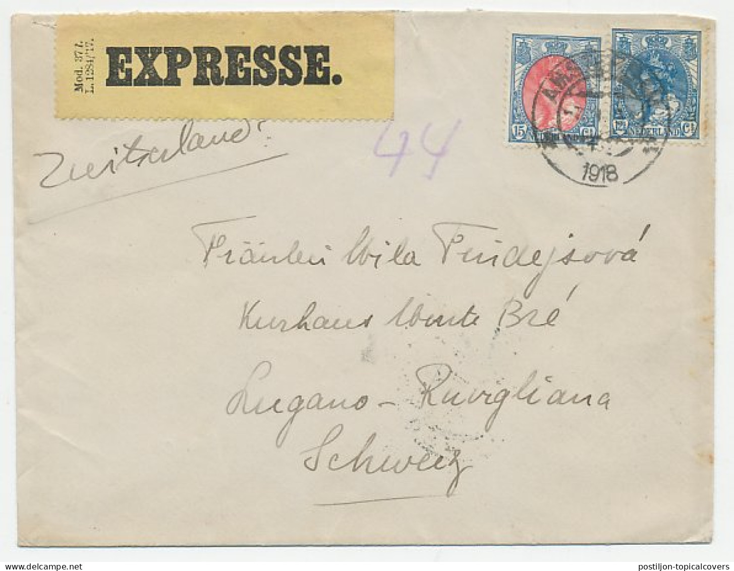 Em. Bontkraag Expresse Amsterdam - Zwitserland 1918 - Unclassified