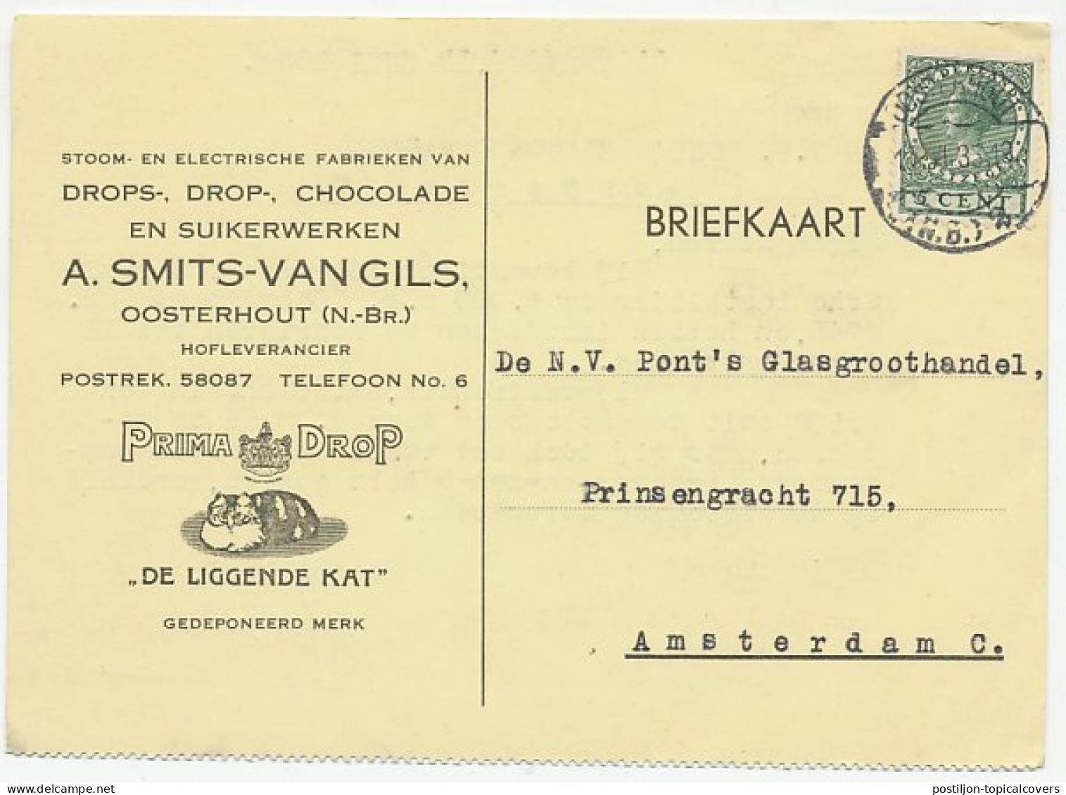 Firma Briefkaart Oosterhout 1935 - Suikerwerken / Drop / Kat - Non Classés