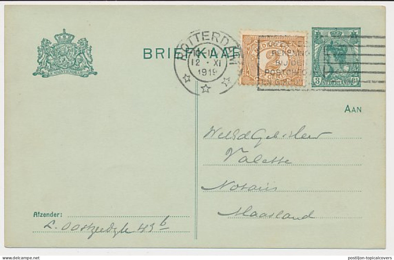 Briefkaart G. 90 A I / Bijfrankering Rotterdam - Maasland 1919 - Entiers Postaux