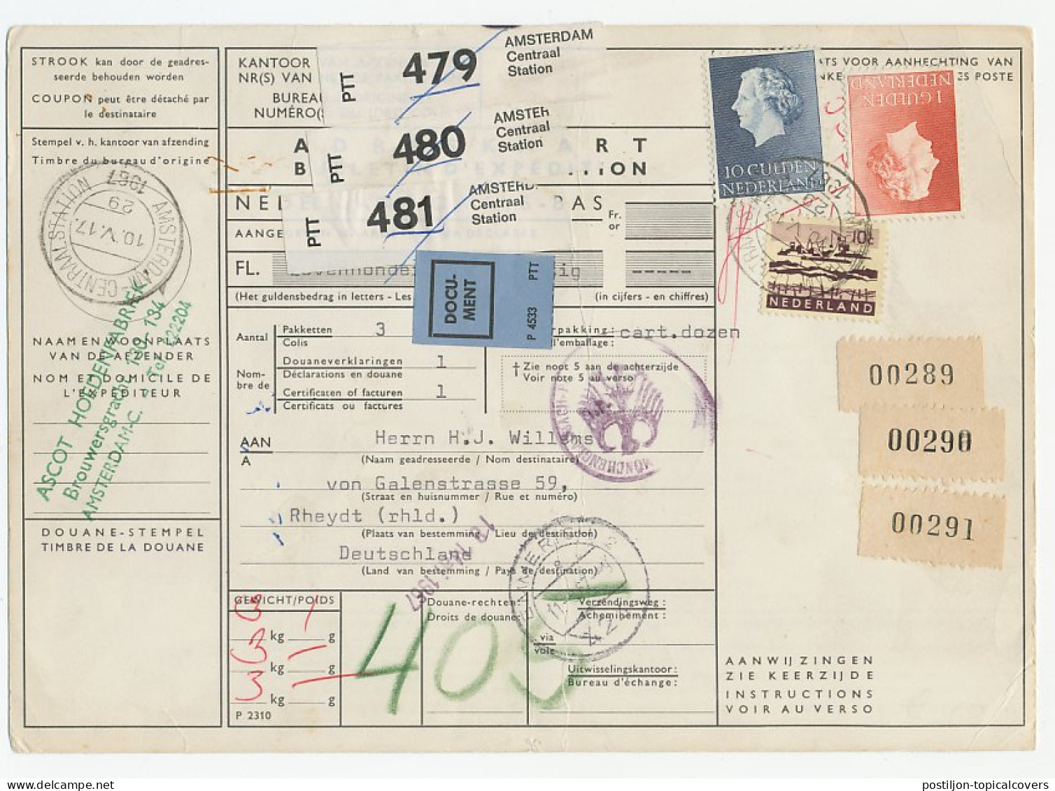 Em. Juliana Pakketkaart Amsterdam - Duitsland 1967 - Unclassified