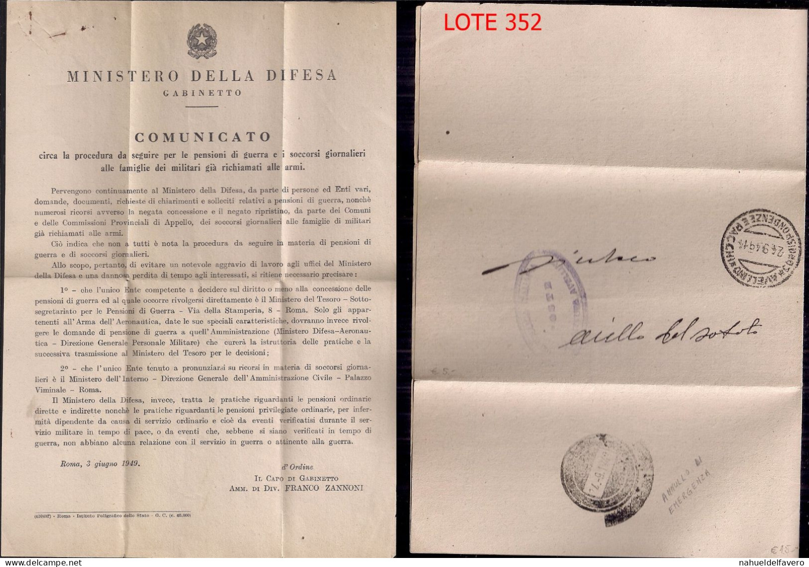 TALIE 1949 DOCUMENT AVEC DES INSTRUCTIONS SUR LA COMMENT DEMANDER UNE AIDE QUOTIDIENNE ET DES PENSIONS POUR LES VEUVES D - 1946-60: Poststempel