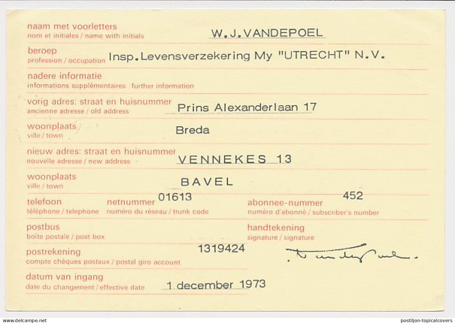 Verhuiskaart G. 38 Particulier Bedrukt Bavel 1973 - Postal Stationery