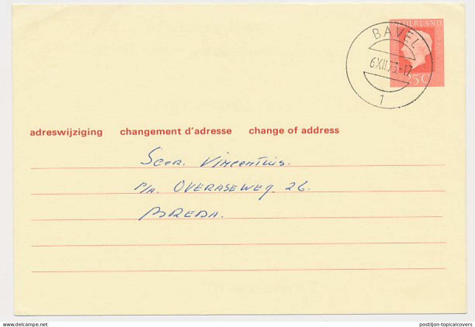 Verhuiskaart G. 38 Particulier Bedrukt Bavel 1973 - Postal Stationery