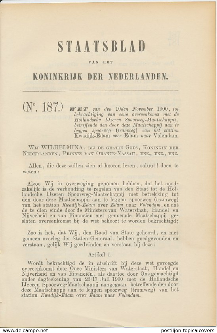 Staatsblad 1900 : Spoorlijn Edam - Volendam - Historische Documenten