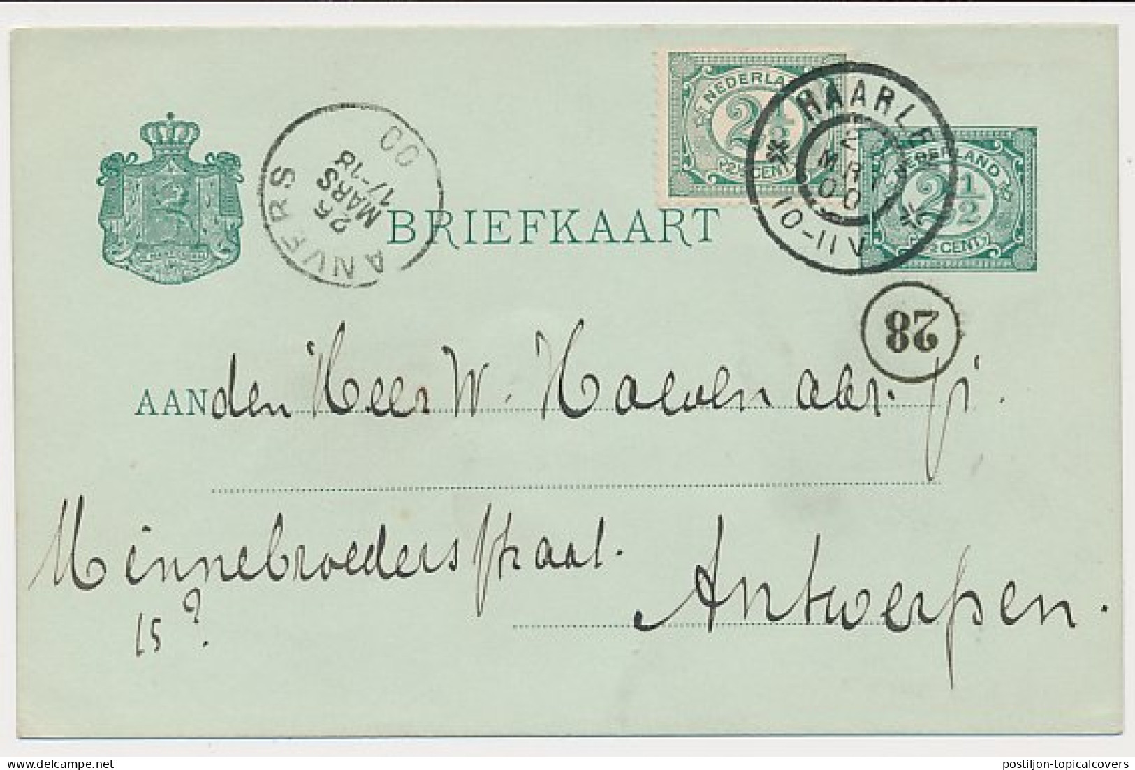 Briefkaart G. 51 / Bijfrankering Haarlem - Belgie 1900 - Postwaardestukken