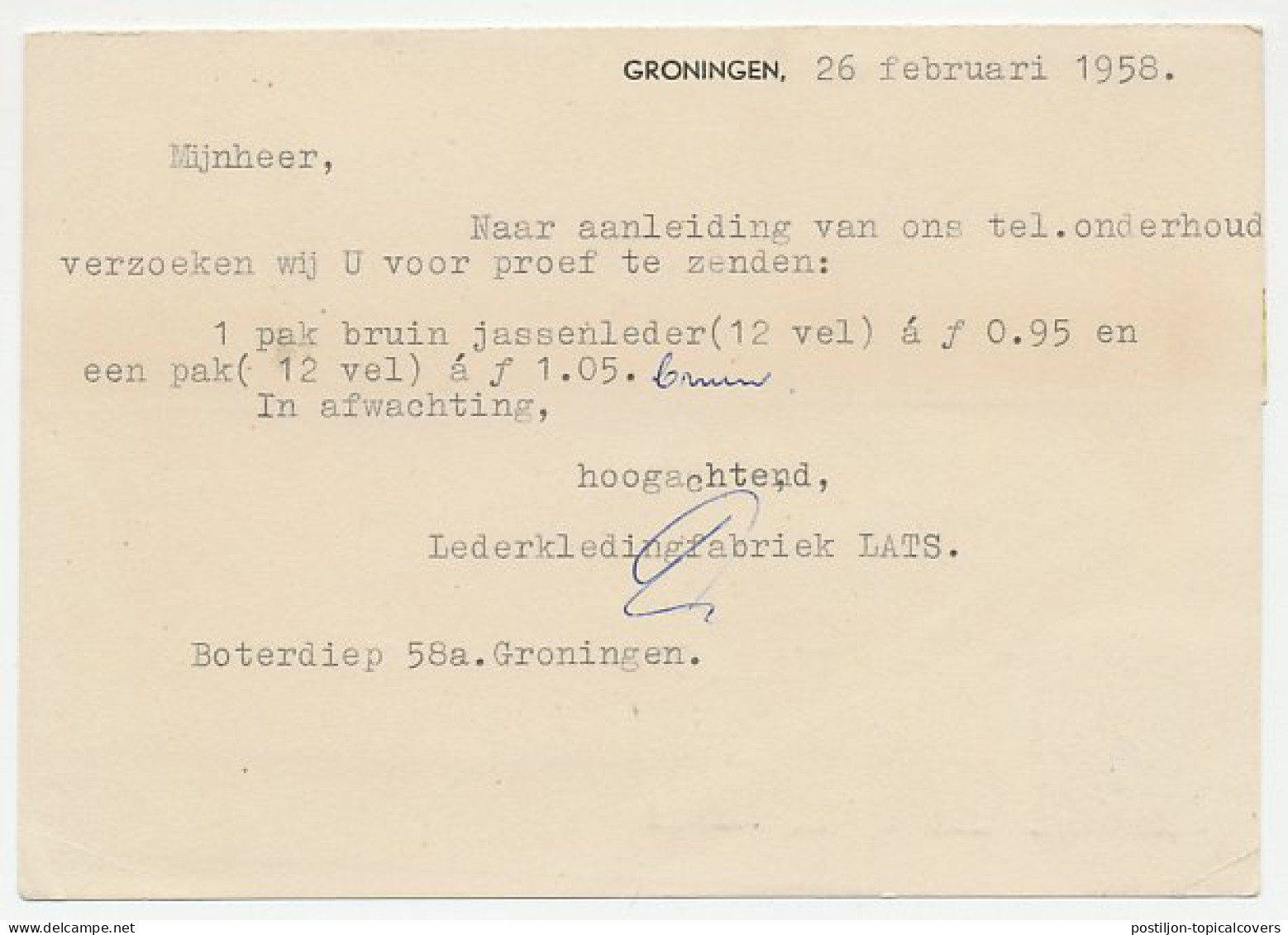 Firma Briefkaart Groningen 1958 - Lederkledingfabriek - Zonder Classificatie