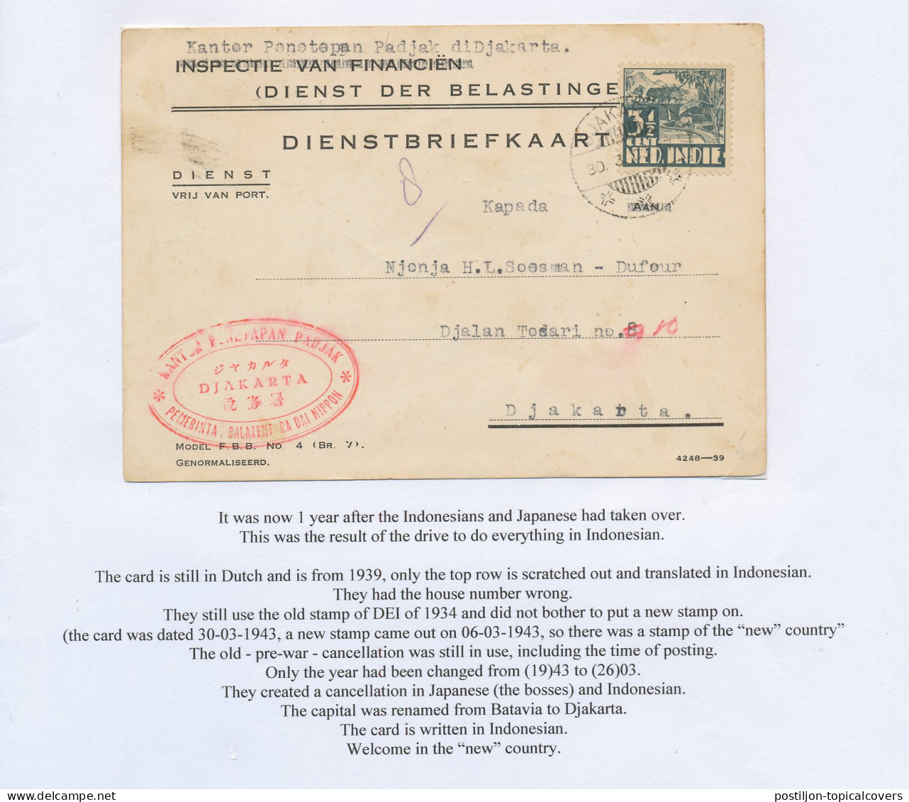 Service Card Djakarta Netherlands Indies / Dai Nippon 1943 - Nederlands-Indië