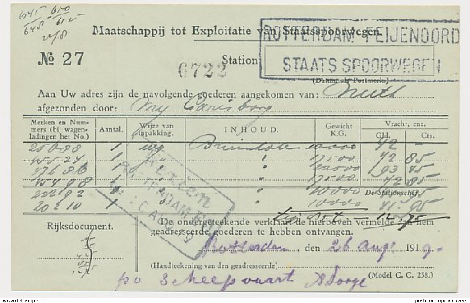 Spoorwegbriefkaart G. MESS98 A - Rotterdam Feijnoord 1919 - Postwaardestukken