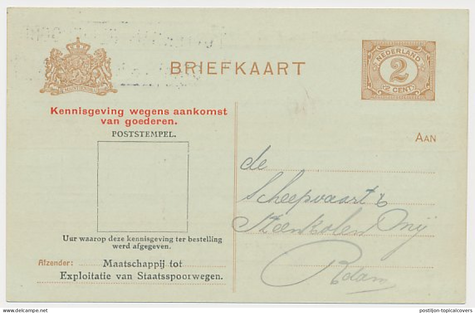 Spoorwegbriefkaart G. MESS98 A - Rotterdam Feijnoord 1919 - Entiers Postaux