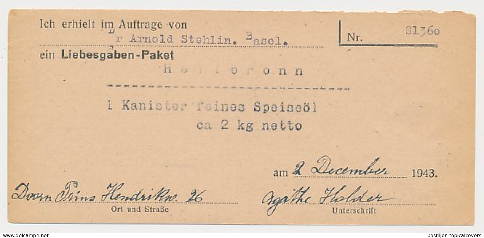 Doorn - Hamburg Duitsland 1943 - Liebesgabenpaket - Unclassified