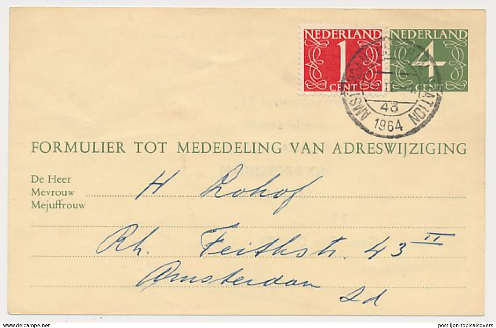 Verhuiskaart G. 26 Particulier Bedrukt Amsterdam 1964 - Interi Postali