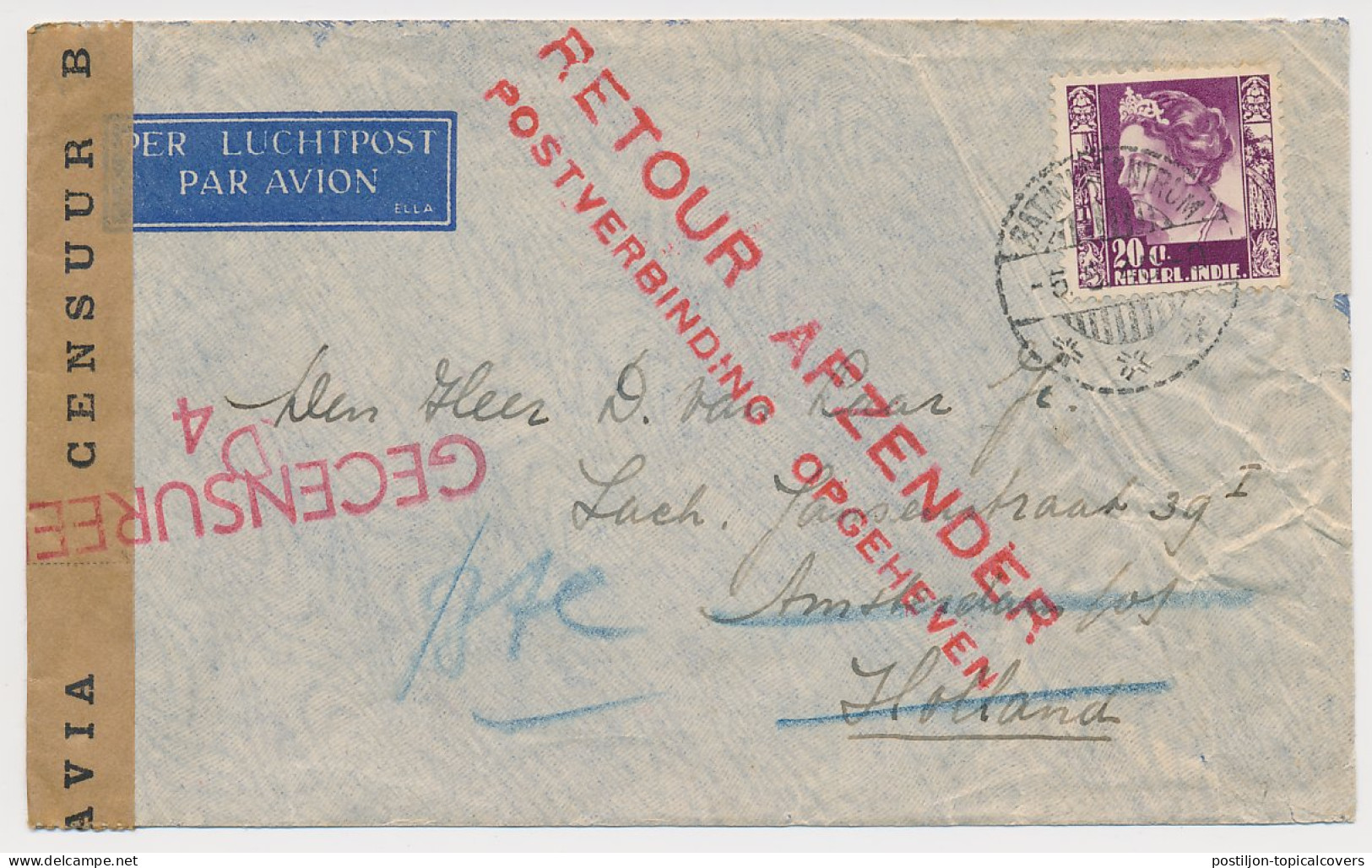 Censored Cover Batavia Neth. Indies 1940 - Retour Afzender  - Nederlands-Indië