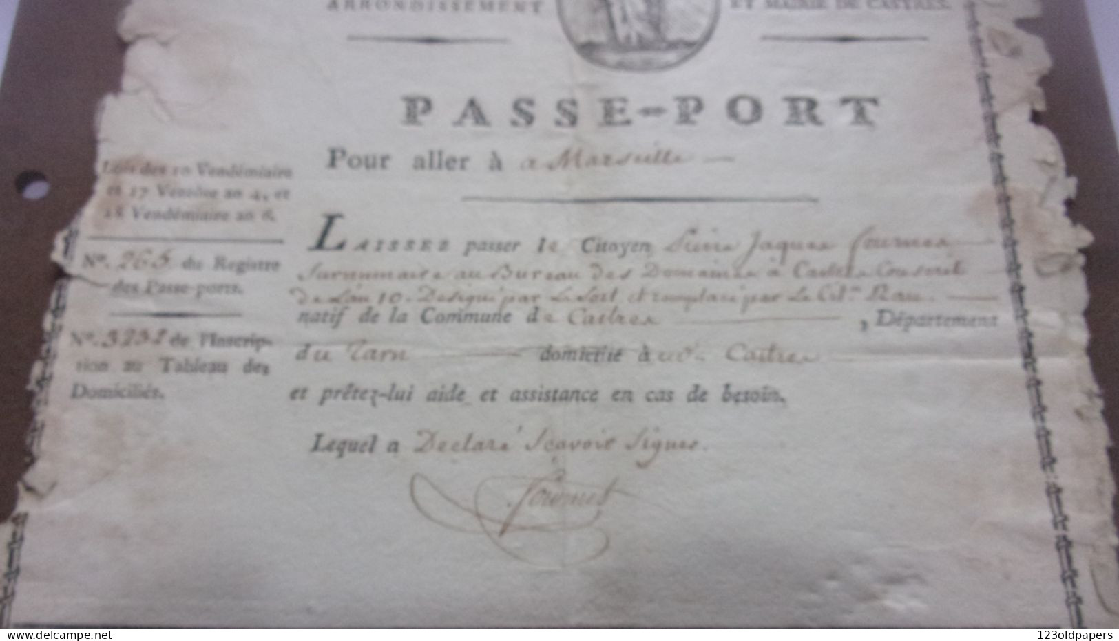 AN XI  1802 PASSE PORT POUR SE RENDREA MARSEILLE DE CASTRES TARN PROFESSION SURNUMERAIRE AU BUREAU DES DOMAINES - Historical Documents