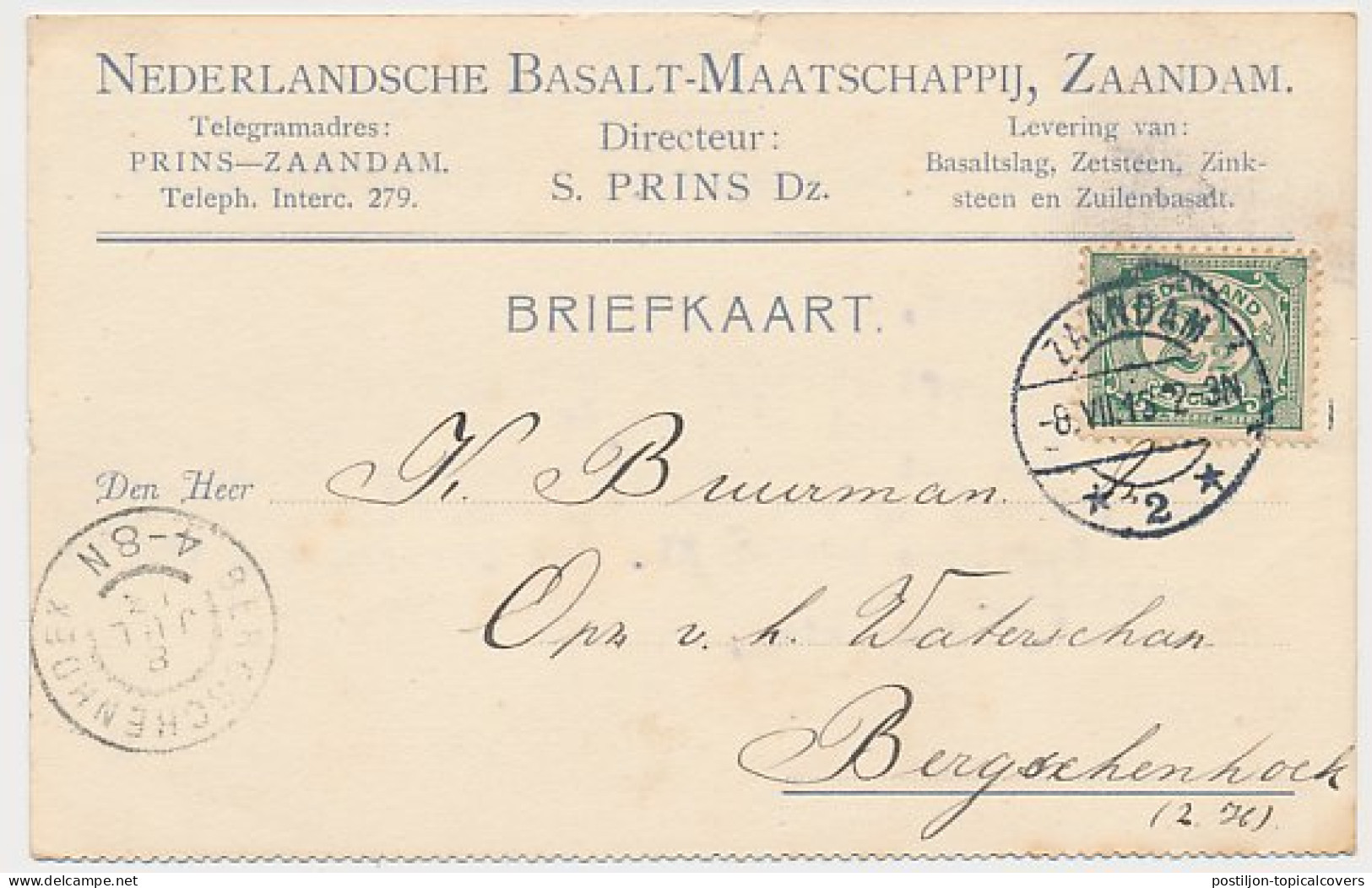 Firma Briefkaart Zaandam 1913 - Basalt Maatschappij - Zonder Classificatie