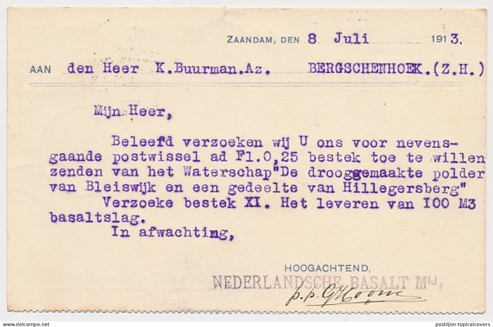 Firma Briefkaart Zaandam 1913 - Basalt Maatschappij - Non Classés