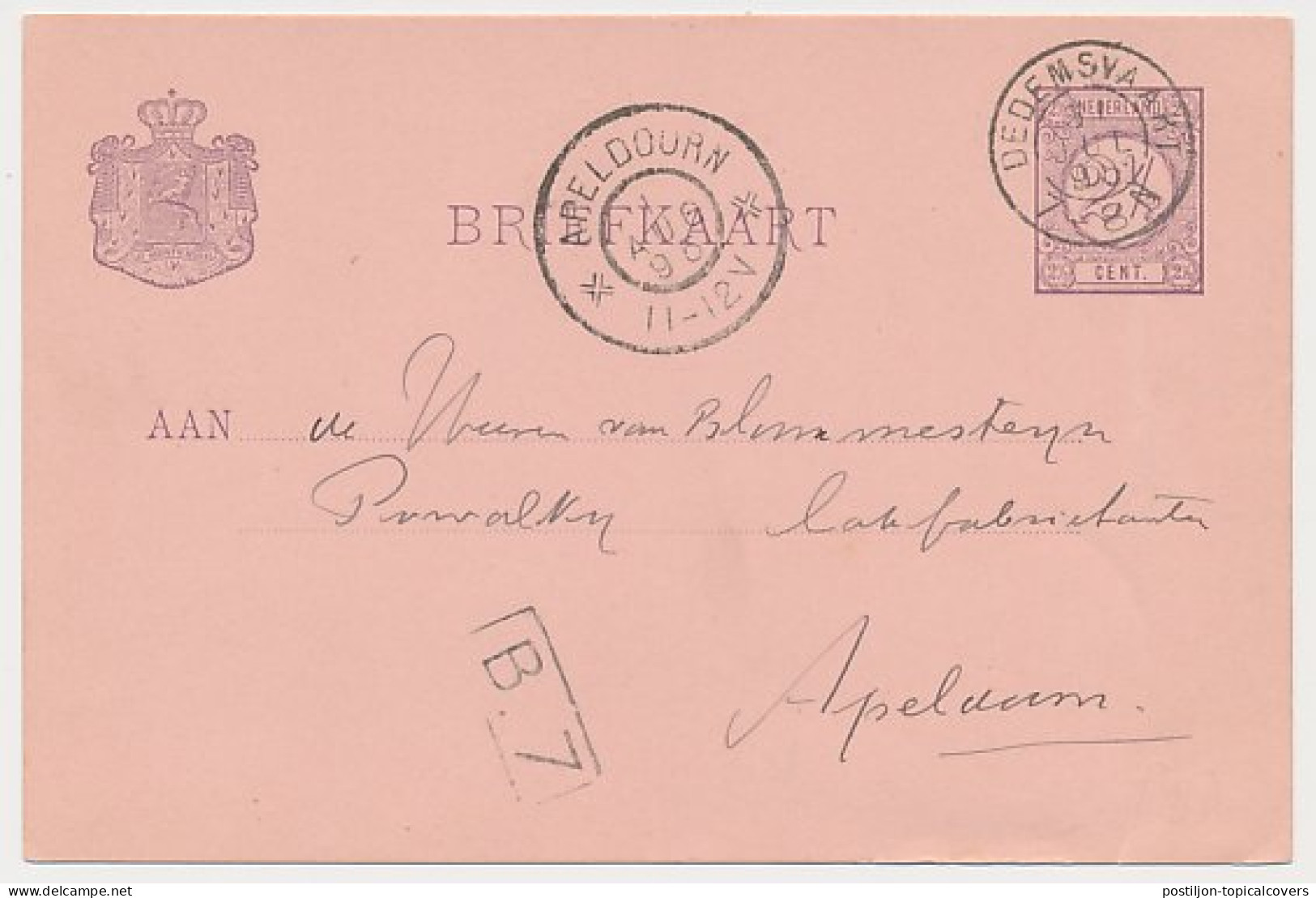 Kleinrondstempel Dedemsvaart 1895 - Afz. Directeur Postkantoor - Zonder Classificatie