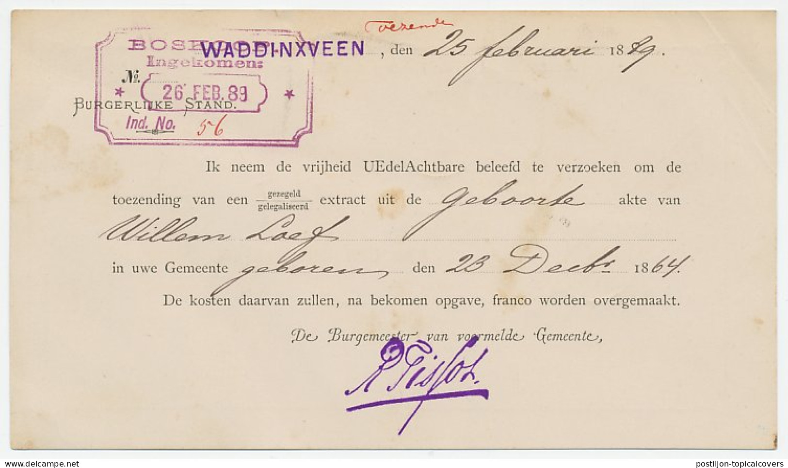 Em. 1872 Dienstkaart Waddingsveen - Boskoop - Zonder Classificatie