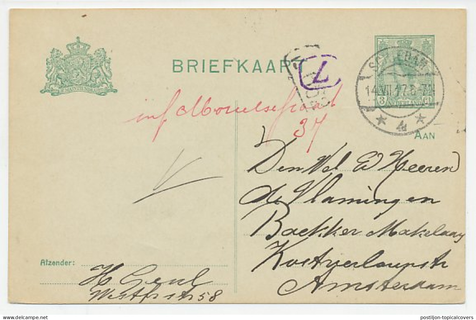 Briefkaart Schiedam - Amsterdam 1917 - Bestellerstempel - Zonder Classificatie