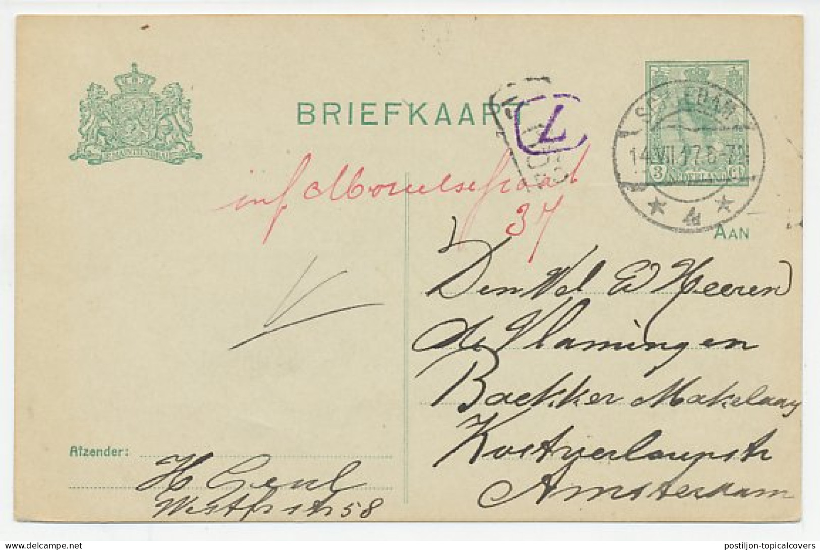 Briefkaart Schiedam - Amsterdam 1917 - Bestellerstempel - Non Classificati