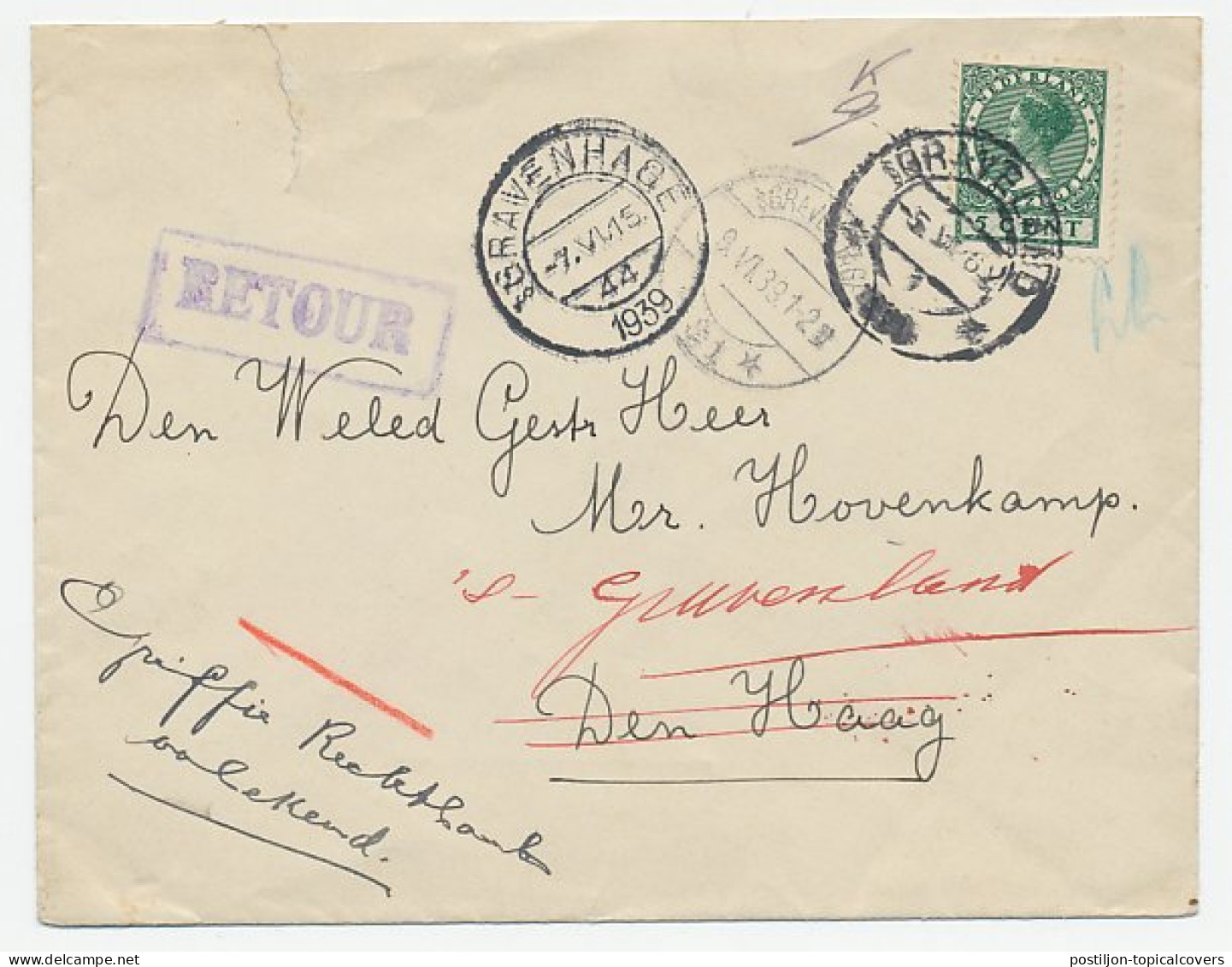 S Graveland - Den Haag 1939 - Onvolledig Adres - Retour - Unclassified