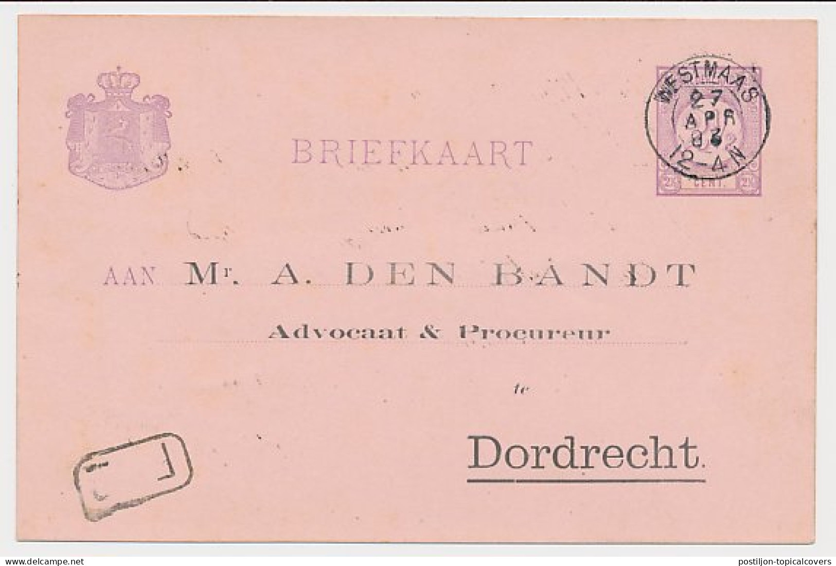 Briefkaart G. 23 Particulier Bedrukt Westmaas - Dordrecht 1893 - Interi Postali