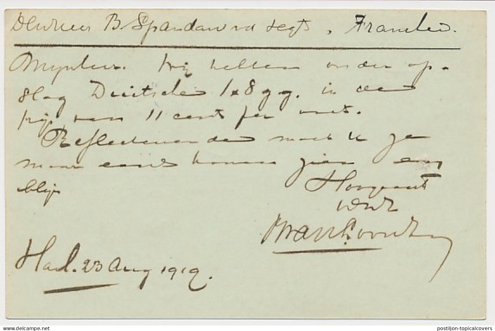 Firma Briefkaart Harlingen 1919 - B. Van Loon En Zoon - Unclassified
