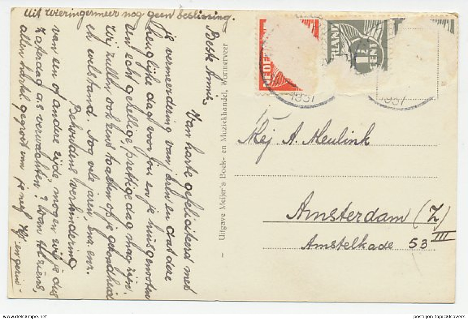 Prentbriefkaart Postkantoor Wormerveer 1937 - Sonstige & Ohne Zuordnung
