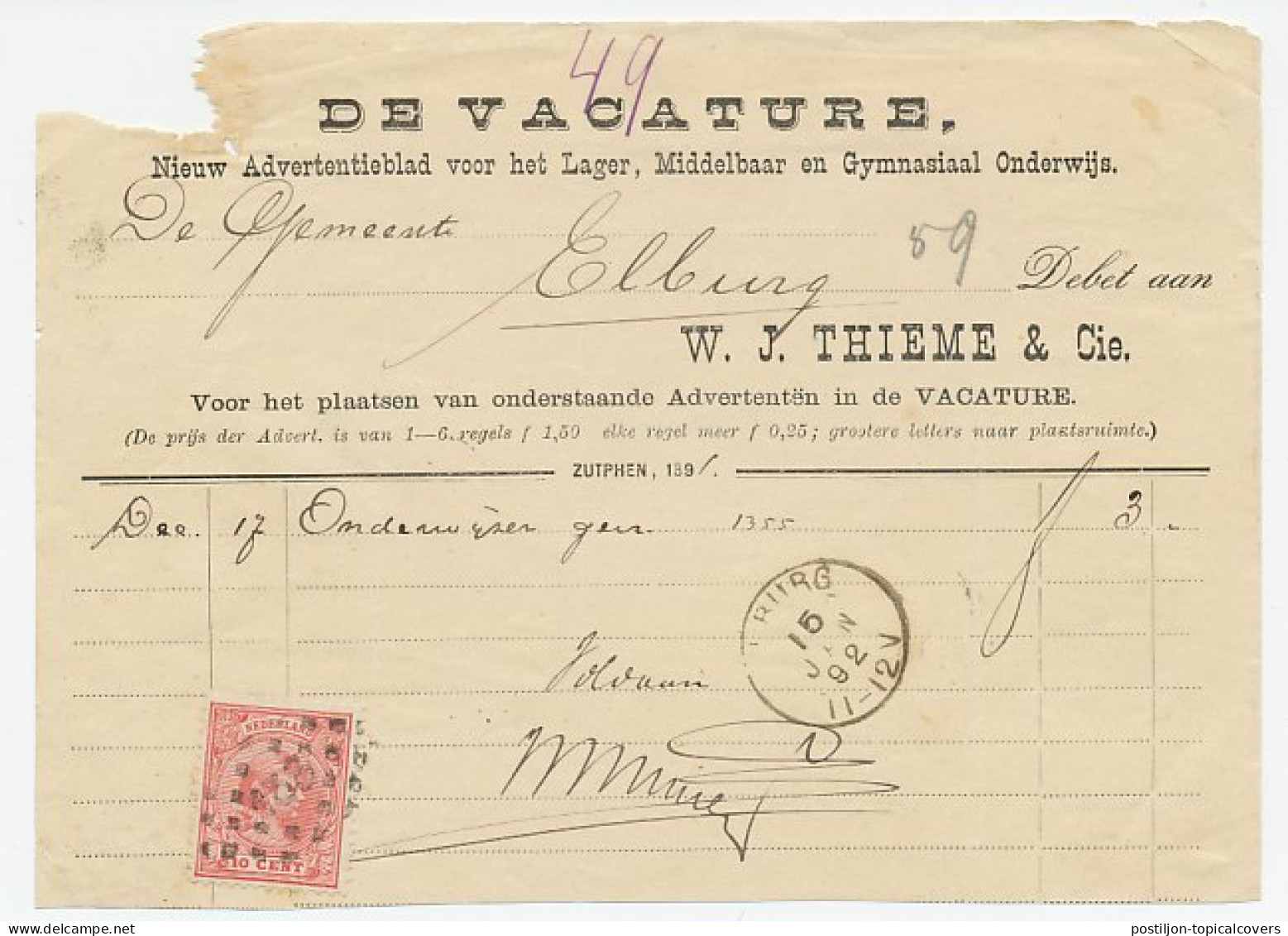 Em. 1891 Zutphen - Elburg - Debet Nota - Non Classificati