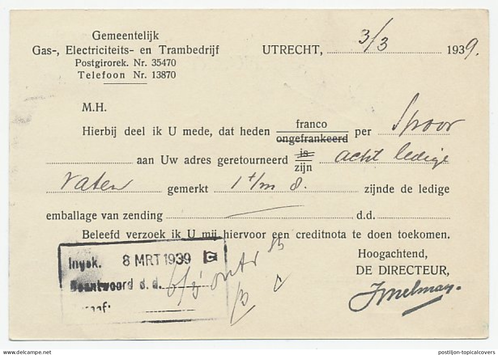 Firma Kaart Gemeentelijk Trambedrijf Utrecht 1939 - Non Classificati