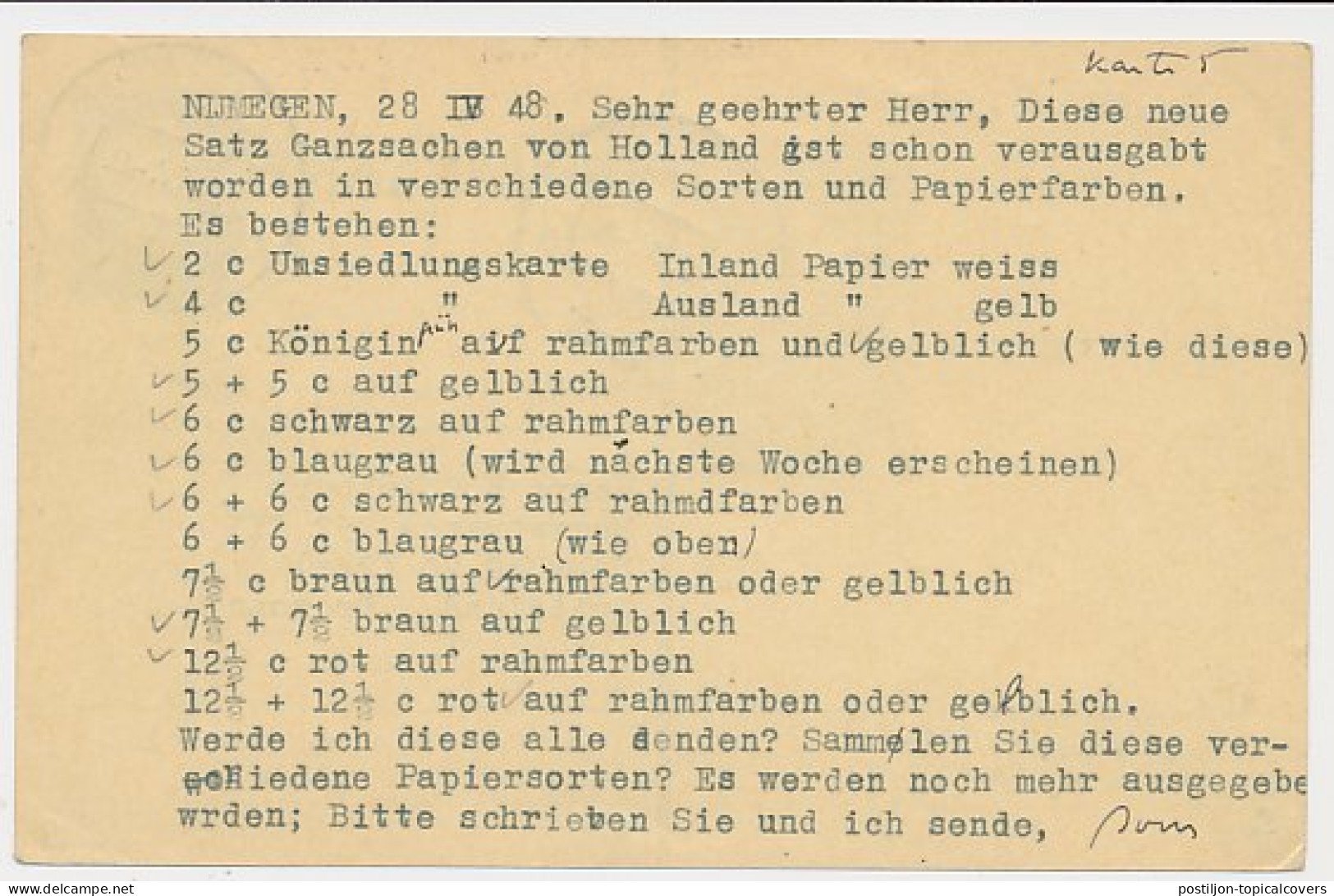 Briefkaart G. 291 B / Bijfrankering Nijmegen - Duitsland 1948 - Interi Postali