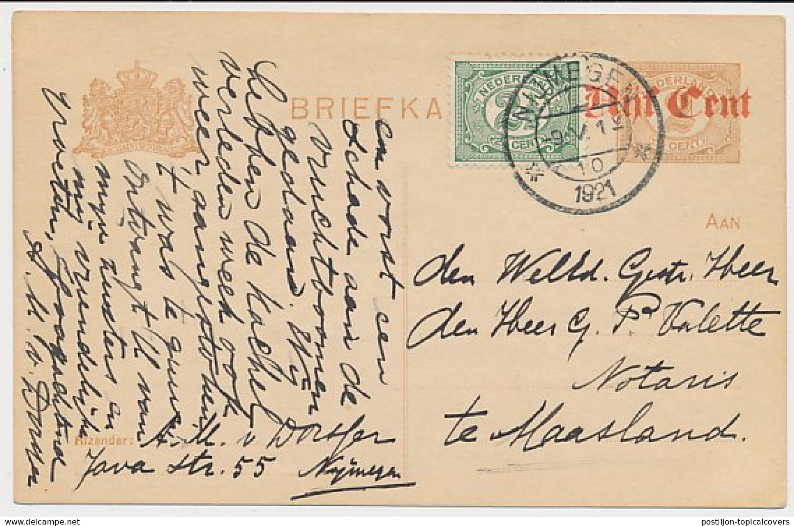Briefkaart G. 107 A I / Bijfrankering Nijmegen - Maasland 1921 - Entiers Postaux