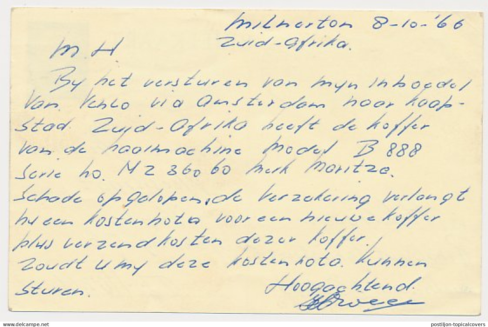 Briefkaart G. 336 / Bijfrankering Zuid Afrika - Venlo 1966 - Postwaardestukken