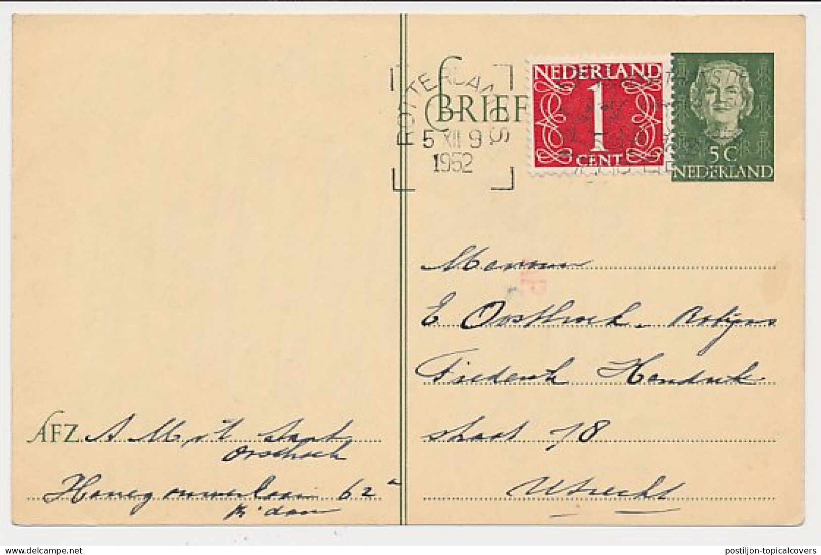 Briefkaart G. 300 / Bijfrankering Rotterdam - Utrecht 1952 - Ganzsachen
