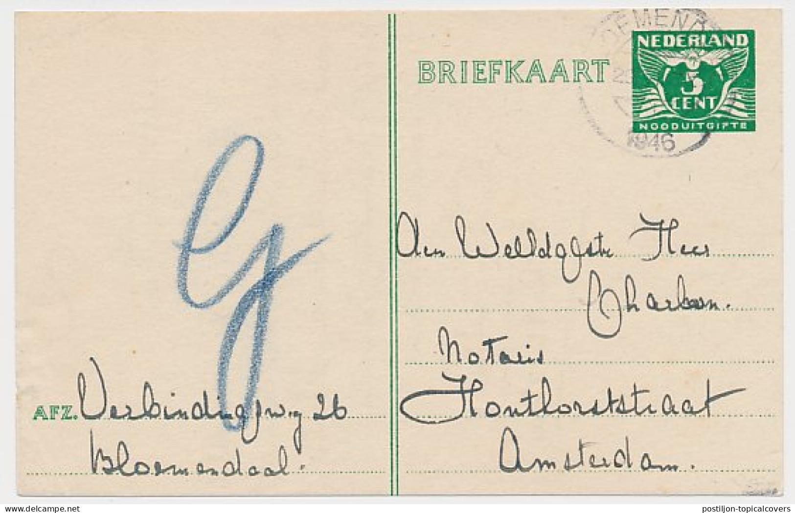 Briefkaart G. 277 E Bloemendaal - Amsterdam 1946 - Postal Stationery